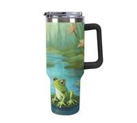 DWTJKMS Frog in A Pond Gobelet en acier inoxydable de 1200 ml - Anti-fuite - Tasse de voiture de grande capacité avec poignée et paille - Tasse isotherme à double paroi sous vide - Réutilisable