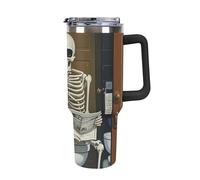 DWTJKMS Funny Skeleton Gobelet de salle de bain en toile en acier inoxydable - Anti-fuite - Grande capacité - Tasse de voiture avec poignée et paille - Gobelet isotherme à double paroi sous vide