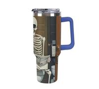 DWTJKMS Funny Skeleton Gobelet de salle de bain en toile en acier inoxydable - Anti-fuite - Grande capacité - Tasse de voiture avec poignée et paille - Gobelet isotherme à double paroi sous vide