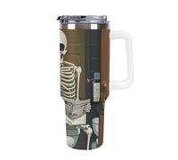 DWTJKMS Funny Skeleton Gobelet de salle de bain en toile en acier inoxydable - Anti-fuite - Grande capacité - Tasse de voiture avec poignée et paille - Gobelet isotherme à double paroi sous vide