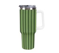 DWTJKMS Gobelet classique en acier inoxydable à rayures vertes de 1200 ml, étanche, grande capacité pour voiture avec poignée et paille, gobelet isotherme à double paroi, réutilisable, garde froid ou
