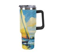DWTJKMS Gobelet coloré en acier inoxydable à motif de bateau à voile - Anti-fuite - Grande capacité - Avec poignée et paille - Double paroi isotherme sous vide - Réutilisable - Garde le froid ou le