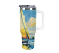DWTJKMS Gobelet coloré en acier inoxydable à motif de bateau à voile - Anti-fuite - Grande capacité - Avec poignée et paille - Gobelet isotherme à double paroi sous vide - Réutilisable - Garde le