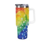 DWTJKMS Gobelet coloré en acier inoxydable avec motif cœur d'amour arc-en-ciel - 1200 ml - Anti-fuite - Grande capacité - Tasse de voiture avec poignée et paille - Gobelet isotherme à double paroi