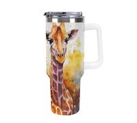 DWTJKMS Gobelet de grande capacité en acier inoxydable avec poignée et paille - Gobelet isotherme à double paroi réutilisable pour garder le froid ou le chaud - Motif girafes aquarelle