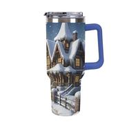 DWTJKMS Gobelet de Noël en acier inoxydable étanche de grande capacité avec poignée et paille - Tasse isotherme à double paroi sous vide - Réutilisable - Garde au froid ou au chaud - Bleu foncé