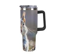 DWTJKMS Gobelet de voiture en acier inoxydable avec poignée et paille - Double paroi isotherme sous vide - Réutilisable - Garde au froid ou au chaud - Motif écureuil mignon - 1200 ml - Noir