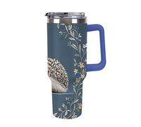 DWTJKMS Gobelet de voiture en acier inoxydable avec poignée et paille - Gobelet isotherme à double paroi réutilisable pour garder au froid ou au chaud - Motif petit hérisson - 1200 ml - Bleu foncé