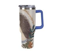 DWTJKMS Gobelet de voiture en acier inoxydable avec poignée et paille - Gobelet isotherme à double paroi réutilisable pour garder au froid ou au chaud - Motif petit hérisson - 1200 ml - Bleu foncé