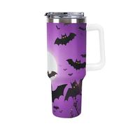 DWTJKMS Gobelet d'Halloween en acier inoxydable avec poignée et paille, gobelet isotherme à double paroi sous vide, réutilisable, garde froid ou chaud, motif chauve-souris volante, 1,2 l, blanc