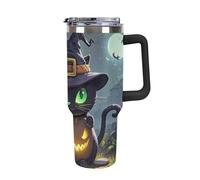 DWTJKMS Gobelet d'Halloween en acier inoxydable pour chat - 1200 ml - Gobelet étanche de grande capacité avec poignée et paille - Gobelet isotherme à double paroi sous vide - Réutilisable - Garde les