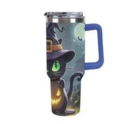 DWTJKMS Gobelet d'Halloween en acier inoxydable pour chat - 1200 ml - Tasse de voiture étanche - Tasse de grande capacité avec poignée et paille - Gobelet isotherme à double paroi sous vide