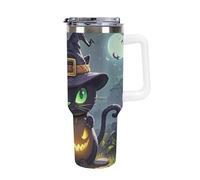 DWTJKMS Gobelet d'Halloween en acier inoxydable pour chat - 1200 ml - Tasse de voiture étanche - Tasse de grande capacité avec poignée et paille - Gobelet isotherme à double paroi sous vide