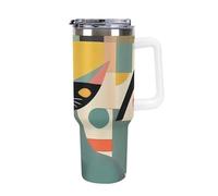 DWTJKMS Gobelet en acier inoxydable à motif de chat d'art moderne du milieu du siècle, 1200 ml, étanche, grande capacité pour voiture avec poignée et paille, gobelet isotherme à double paroi sous vide