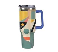 DWTJKMS Gobelet en acier inoxydable à motif de chat d'art moderne du milieu du siècle, 1200 ml, étanche, grande capacité pour voiture avec poignée et paille, gobelet isotherme à double paroi sous vide