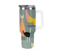 DWTJKMS Gobelet en acier inoxydable à motif de chats d'art moderne du milieu du siècle, anti-fuite, de grande capacité avec poignée et paille, gobelet isotherme à double paroi sous vide, réutilisable