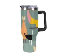 DWTJKMS Gobelet en acier inoxydable à motif de chats d'art moderne du milieu du siècle, anti-fuite, de grande capacité avec poignée et paille, gobelet isotherme à double paroi sous vide, réutilisable