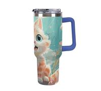 DWTJKMS Gobelet en acier inoxydable à motif de chats mignons de 1,2 l - Anti-fuite - Tasse de voiture de grande capacité avec poignée et paille - Gobelet isotherme à double paroi sous vide