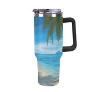 DWTJKMS Gobelet en acier inoxydable à motif de plage hawaïenne avec palmiers, 1200 ml, étanche, grande capacité pour voiture, tasse isotherme à double paroi, réutilisable, garde froid ou chaud, noir