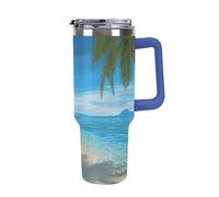DWTJKMS Gobelet en acier inoxydable à motif de plage hawaïenne avec palmiers, 1200 ml, étanche, grande capacité pour voiture avec poignée et paille, gobelet isotherme à double paroi, réutilisable