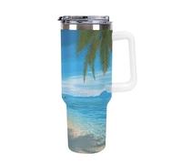 DWTJKMS Gobelet en acier inoxydable à motif de plage hawaïenne avec palmiers - Anti-fuite - Grande capacité - Avec poignée - Gobelet isotherme à double paroi sous vide - Réutilisable - Garde les
