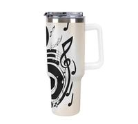 DWTJKMS Gobelet en acier inoxydable à motif note de musique de 1200 ml, étanche, grande capacité pour voiture avec poignée et paille, gobelet isotherme à double paroi, réutilisable, garde froid ou
