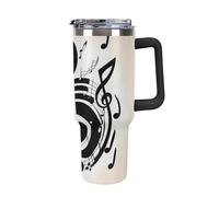 DWTJKMS Gobelet en acier inoxydable à motif note de musique de 1200 ml, étanche, grande capacité pour voiture avec poignée et paille, gobelet isotherme à double paroi, réutilisable, garde froid ou