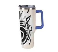 DWTJKMS Gobelet en acier inoxydable à motif note de musique de 1200 ml, étanche, grande capacité pour voiture avec poignée et paille, gobelet isotherme à double paroi, réutilisable, garde froid ou