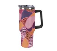 DWTJKMS Gobelet en acier inoxydable à motif rose et orange, 1200 ml, étanche, grande capacité pour voiture avec poignée et paille, gobelet isotherme à double paroi, réutilisable, garde froid ou chaud