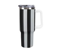 DWTJKMS Gobelet en acier inoxydable à rayures noires et blanches, 1200 ml, étanche, tasse de voiture de grande capacité avec poignée et paille, gobelet isotherme à double paroi, réutilisable, garde