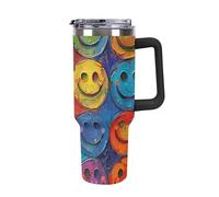 DWTJKMS Gobelet en acier inoxydable avec motif smiley coloré - 1200 ml - Anti-fuite - Grande capacité - Tasse de voiture avec poignée et paille - Gobelet isotherme à double paroi sous vide