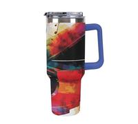 DWTJKMS Gobelet en acier inoxydable avec poignée et paille - Gobelet isotherme à double paroi réutilisable pour garder le froid ou le chaud - Motif clavier de piano coloré - 1200 ml - Bleu foncé