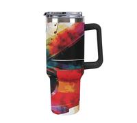 DWTJKMS Gobelet en acier inoxydable avec poignée et paille - Gobelet isotherme à double paroi réutilisable pour garder le froid ou le chaud - Motif clavier de piano coloré - 1200 ml - Noir