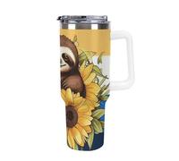 DWTJKMS Gobelet en acier inoxydable avec poignée et paille - Gobelet réutilisable pour garder les boissons froides ou chaudes - Motif paresseux assis sur un tournesol - 1200 ml