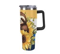 DWTJKMS Gobelet en acier inoxydable avec poignée et paille - Gobelet réutilisable pour garder les boissons froides ou chaudes - Motif paresseux assis sur un tournesol - 1200 ml - Noir