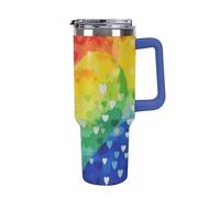 DWTJKMS Gobelet en acier inoxydable coloré à motif de cœur d'amour arc-en-ciel, 1200 ml, étanche, grande capacité pour voiture avec poignée et paille, gobelet isotherme à double paroi, réutilisable