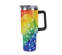 DWTJKMS Gobelet en acier inoxydable coloré à motif de cœur d'amour arc-en-ciel, 1200 ml, étanche, grande capacité pour voiture avec poignée et paille, gobelet isotherme à double paroi, réutilisable