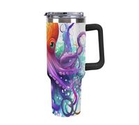 DWTJKMS Gobelet en acier inoxydable coloré en forme de pieuvre de 1200 ml, étanche, grande capacité pour voiture avec poignée et paille, gobelet isotherme à double paroi, réutilisable, garde froid ou