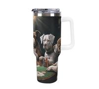 DWTJKMS Gobelet en acier inoxydable de 1200 ml avec poignée et paille - Gobelet isotherme à double paroi sous vide réutilisable pour garder le froid ou le chaud - Motif chiens de poker