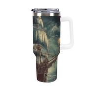 DWTJKMS Gobelet en acier inoxydable de style vintage nautique, motif bateau de pirate, anti-fuite, grande capacité pour voiture, avec poignée et paille, gobelet isotherme à double paroi, réutilisable