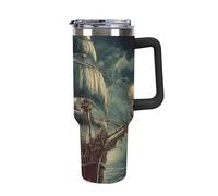 DWTJKMS Gobelet en acier inoxydable de style vintage nautique, motif bateau de pirate, anti-fuite, grande capacité pour voiture, avec poignée et paille, gobelet isotherme à double paroi sous vide