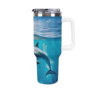 DWTJKMS Gobelet en acier inoxydable étanche de grande capacité avec poignée et paille, gobelet isotherme à double paroi sous vide, réutilisable, garde froid ou chaud, motif dauphin in Blue Sea