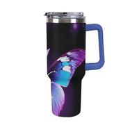 DWTJKMS Gobelet en acier inoxydable étanche de grande capacité avec poignée et paille - Gobelet isotherme à double paroi sous vide - Pour garder les boissons froides ou chaudes - Motif papillon bleu