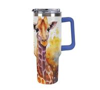 DWTJKMS Gobelet en acier inoxydable étanche de grande capacité avec poignée et paille - Gobelet isotherme à double paroi sous vide - Réutilisable - Garde au froid ou au chaud - Motif girafes aquarelle