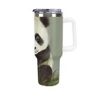 DWTJKMS Gobelet en acier inoxydable étanche de grande capacité avec poignée et paille - Gobelet isotherme à double paroi réutilisable pour garder le froid ou le chaud - Motif petit panda