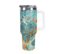 DWTJKMS Gobelet en acier inoxydable étanche de grande capacité avec poignée et paille, gobelet isotherme à double paroi, réutilisable, garde les boissons froides ou chaudes, orange et turquoise
