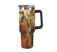DWTJKMS Gobelet en acier inoxydable marmotte dessiné à la main - Anti-fuite - Grande capacité - Avec poignée et paille - Gobelet isotherme à double paroi sous vide - Réutilisable - Garde les boissons