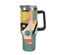 DWTJKMS Gobelet en acier inoxydable motif chat d'art moderne du milieu du siècle, 1200 ml, étanche, grande capacité pour voiture avec poignée et paille, gobelet isotherme à double paroi sous vide