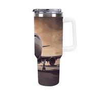 DWTJKMS Gobelet en acier inoxydable pour avion - Anti-fuite - Grande capacité - Avec poignée et paille - Double paroi isotherme sous vide - Réutilisable - Garde le froid ou le chaud - Style blanc