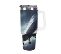 DWTJKMS Gobelet en acier inoxydable pour avion - Anti-fuite - Grande capacité - Avec poignée et paille - Double paroi isotherme sous vide - Réutilisable - Garde le froid ou le chaud - Style blanc